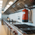 Professional hotel kitchen with visible fire suppression system, highlighting safety and modern design.