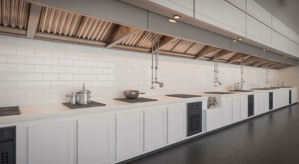 Modern hotel kitchen with fire suppression system, emphasizing safety and compliance