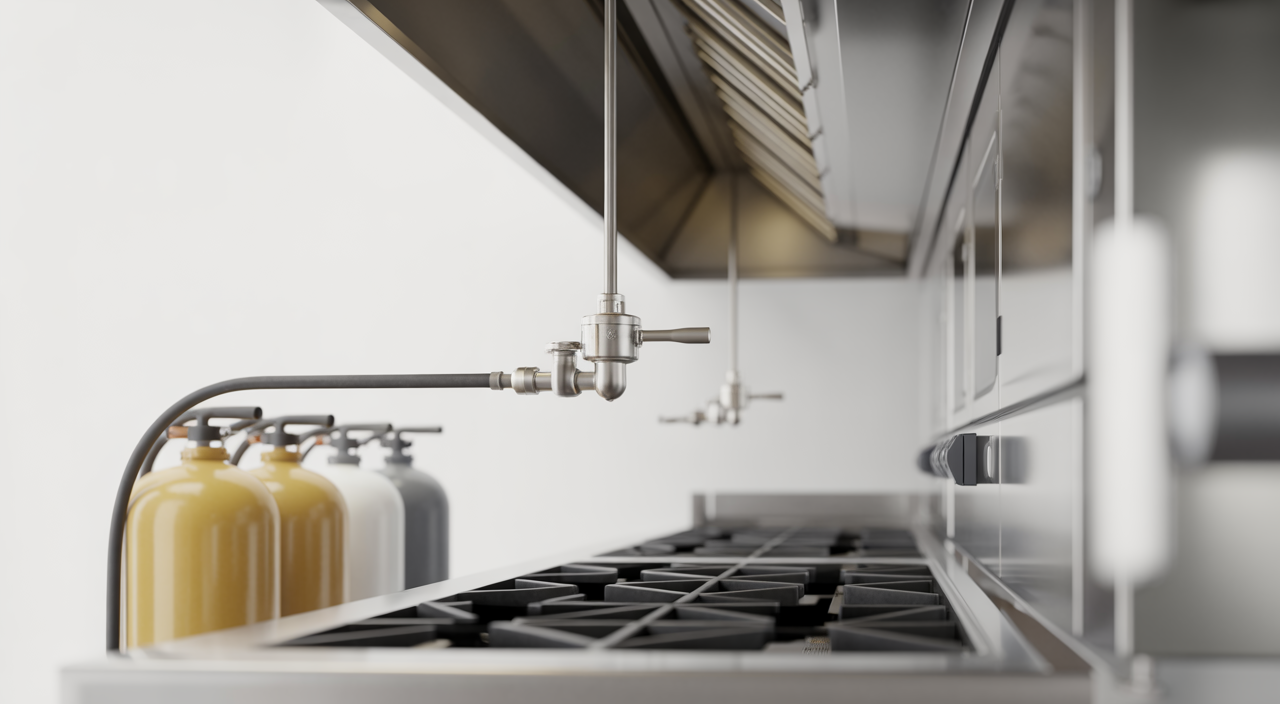 Professional hotel kitchen fire suppression system installed above cooking equipment