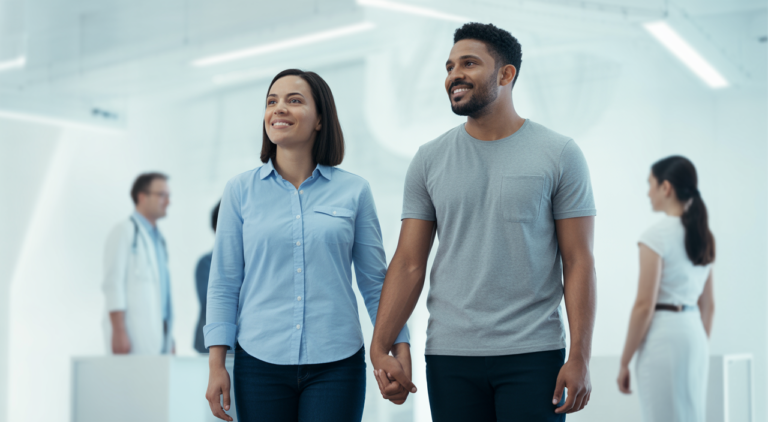 A hopeful couple holding hands, symbolizing the journey of fertility treatment and family building.