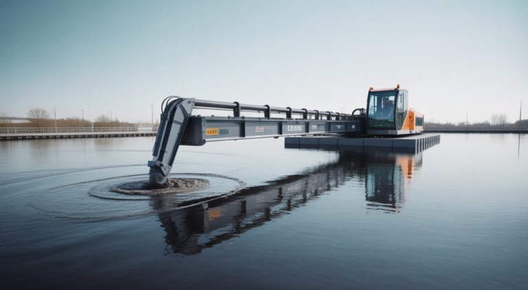 Modern automated dredge removing sludge from a wastewater treatment plant lagoon