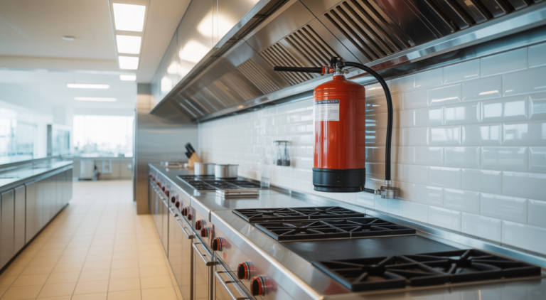 Professional hotel kitchen with visible fire suppression system, highlighting safety and modern design.