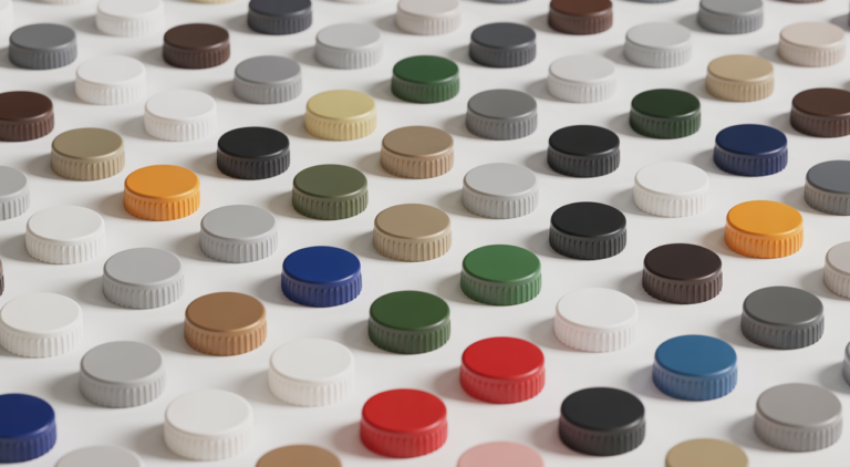 Assortment of colorful short neck bottle caps on a clean white background, showcasing precision manufacturing and variety for different products.