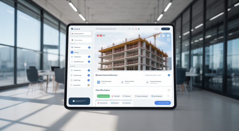 Modern digital construction project management platform interface on a tablet, showcasing integrated office and site operations.