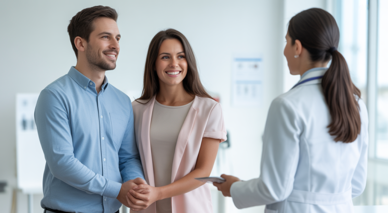 A hopeful couple discussing fertility treatment options with a compassionate doctor in a modern clinic
