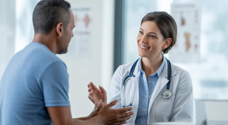 A compassionate female doctor consulting with a male patient in a modern medical office, representing primary care in Burbank.