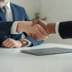 Startup founder and lawyer shaking hands over a clean table during a SaaS contract negotiation on a neutral background