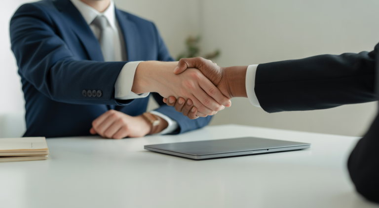 Startup founder and lawyer shaking hands over a clean table during a SaaS contract negotiation on a neutral background