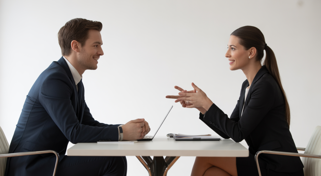 Busy professional consulting with a matchmaker in a white minimalist studio during a private Palm Beach matchmaking consultation, conveying discretion and personalized service.