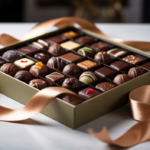 Elegant open gift box of assorted artisan chocolates with a satin ribbon on a white background — premium under-$50 chocolate gift idea