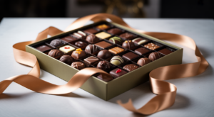 Elegant open gift box of assorted artisan chocolates with a satin ribbon on a white background — premium under-$50 chocolate gift idea