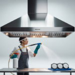 Certified technician inspecting a polished stainless-steel commercial kitchen hood with cleaning equipment on a white background