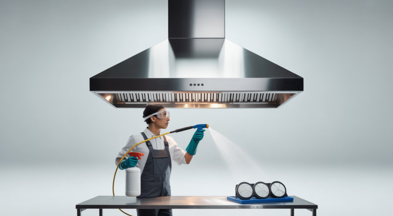 Certified technician inspecting a polished stainless-steel commercial kitchen hood with cleaning equipment on a white background