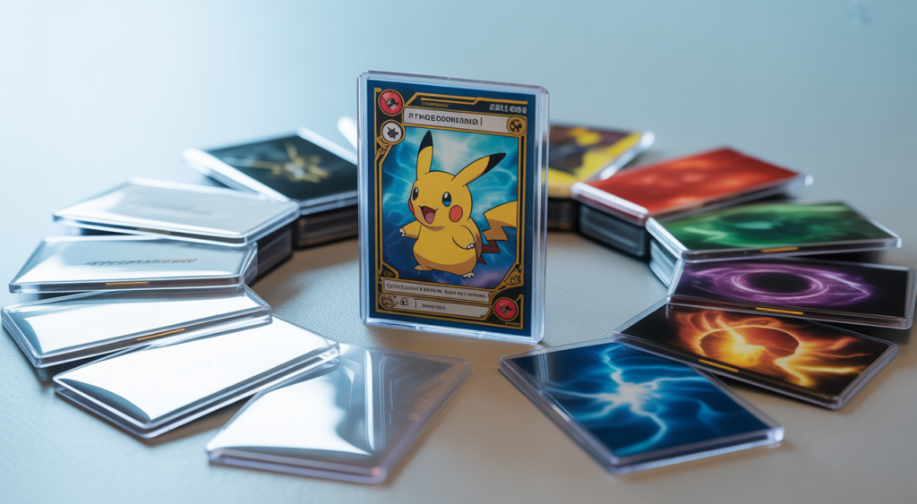 A valuable Pokémon trading card surrounded by different types of protective card sleeves, symbolizing card collection safety.