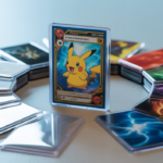 A valuable Pokémon trading card surrounded by different types of protective card sleeves, symbolizing card collection safety.