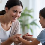 Photorealistic image of a parent and child engaged in a warm ABA therapy session in a clean, bright space