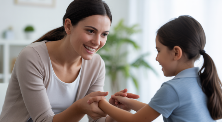 Photorealistic image of a parent and child engaged in a warm ABA therapy session in a clean, bright space