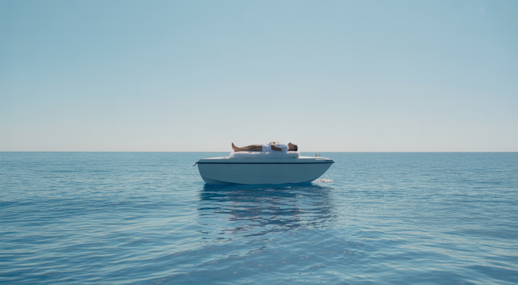 Photorealistic image of a peaceful full body burial at sea ceremony on a small boat in calm ocean waters with a clear sky, symbolizing a respectful maritime farewell in Southern California.