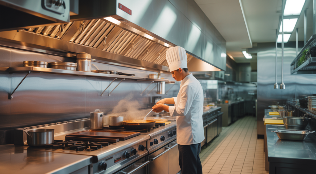 Hero image of a modern restaurant kitchen in Los Angeles with a chef cooking and visible fire safety equipment
