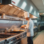 Hero image of a modern restaurant kitchen in Los Angeles with a chef cooking and visible fire safety equipment