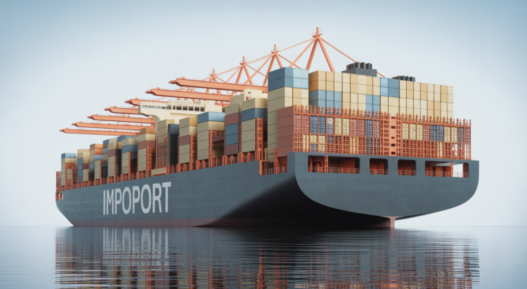 High-quality image of an import container ship unloading electronic and IT goods at an Indian port, illustrating BIS certification importance for importers in India