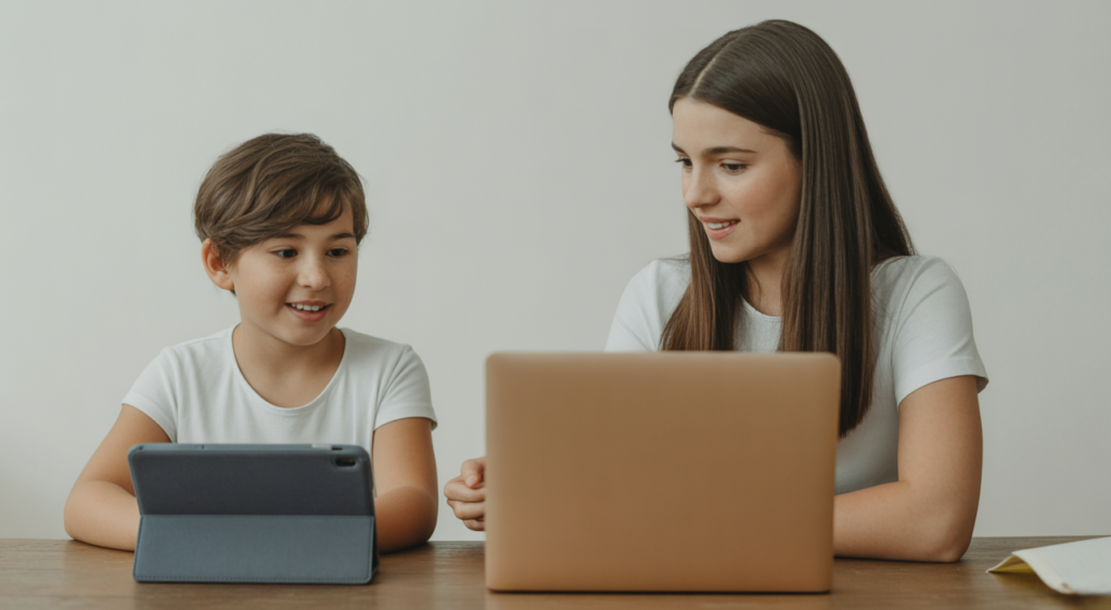 Photorealistic image of a child and teenager participating in a comfortable, modern online therapy session using laptops and tablets in a clean studio setting