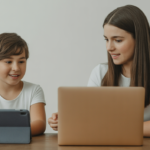 Photorealistic image of a child and teenager participating in a comfortable, modern online therapy session using laptops and tablets in a clean studio setting