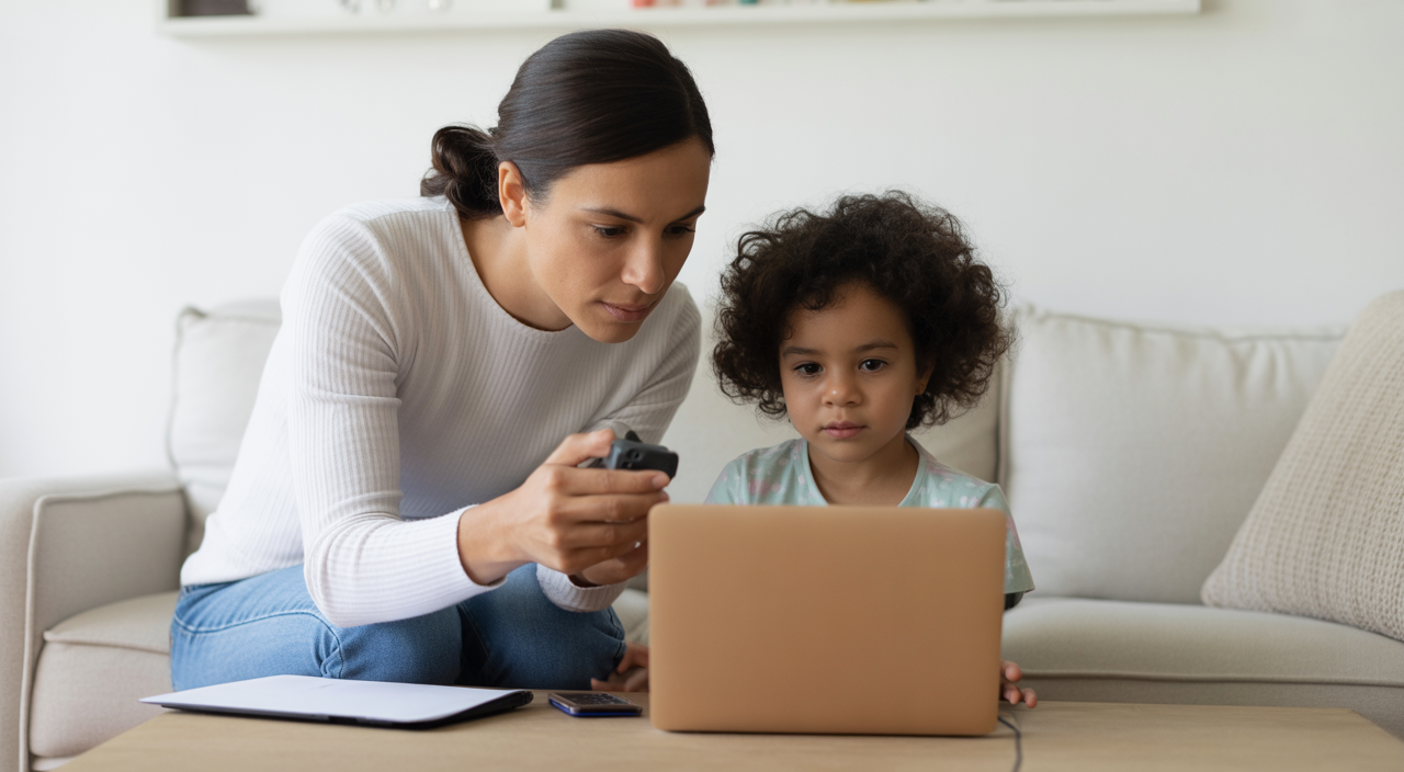 Child attending an online therapy appointment with a mental health professional on a laptop from home