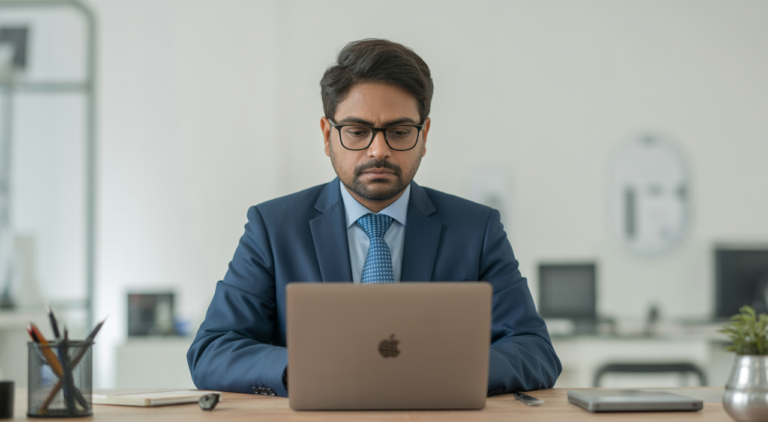 Hero image of an Indian electronics professional applying for EPR certificate online on a laptop in a modern office with white background