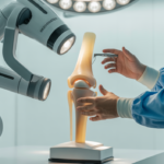 Surgeon and robotic arm demonstrating precision on a knee joint model during robotic knee replacement surgery.