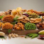 Assortment of organic South Indian snacks like banana chips, bhuja, and green peas.