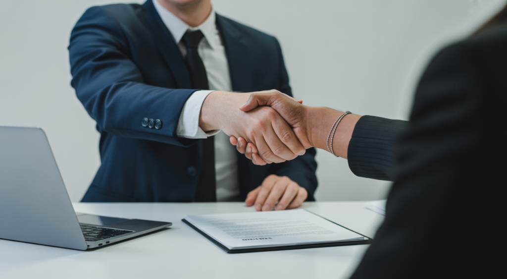 Professional lawyer and tech founder shaking hands across a clean desk with a laptop and blank contract pages, symbolizing SaaS contract agreement and legal partnership.