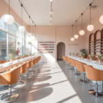 Interior of a modern, clean, and bright nail salon with minimalist design emphasizing an eco-friendly and calming atmosphere