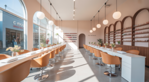 Interior of a modern, clean, and bright nail salon with minimalist design emphasizing an eco-friendly and calming atmosphere