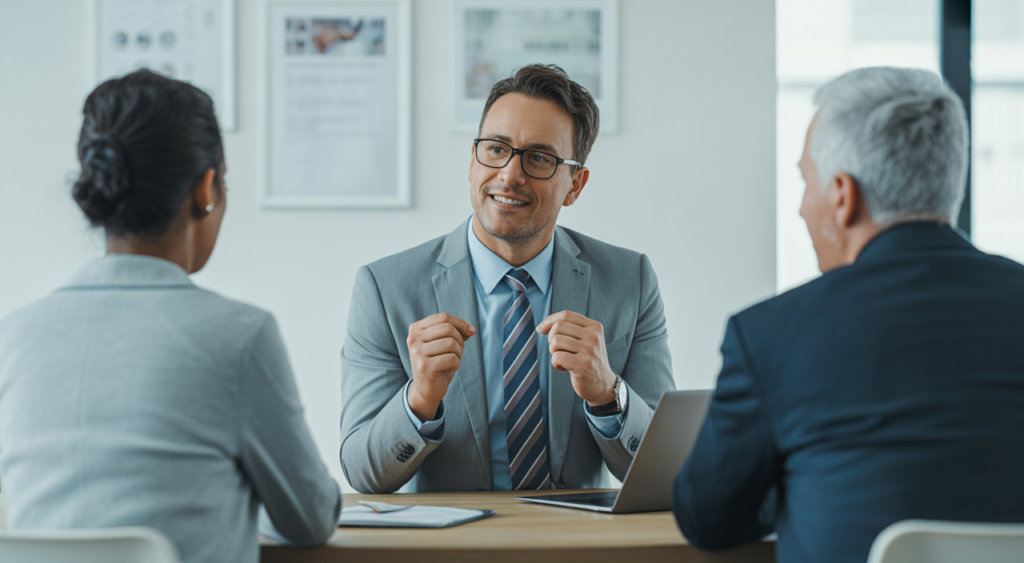 Photorealistic image of a professional independent insurance agent advising clients in a bright modern office with a clean white background