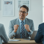 Photorealistic image of a professional independent insurance agent advising clients in a bright modern office with a clean white background