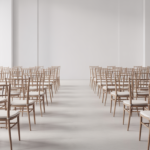 Photorealistic image of an elegant event setup with chairs and tables in a modern venue with clean white background