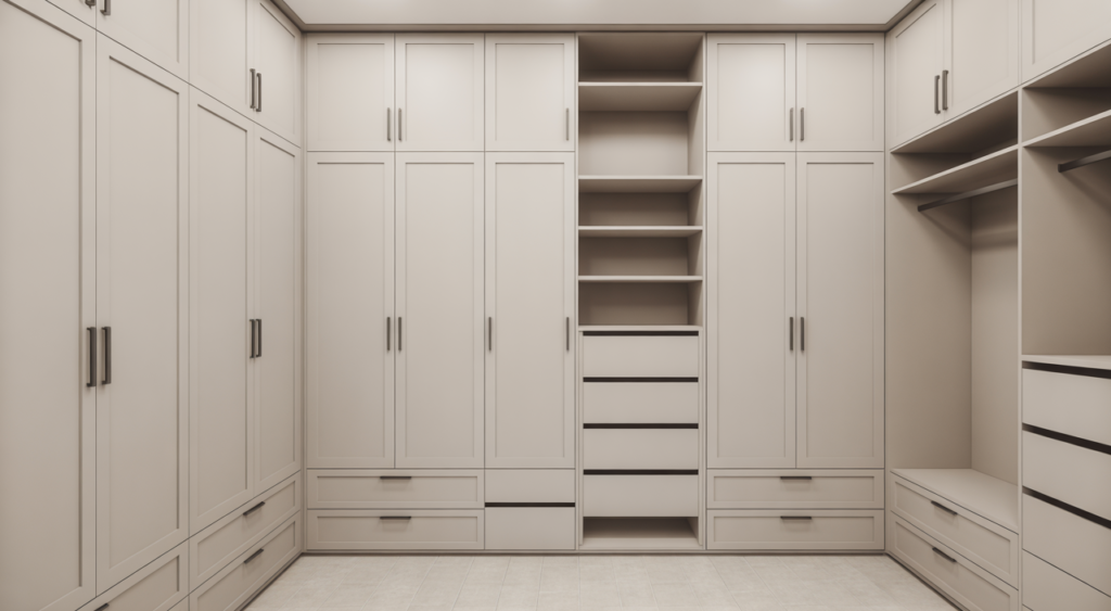 Modern stylish dressing room wardrobe with fitted units and organized storage in a bright setting