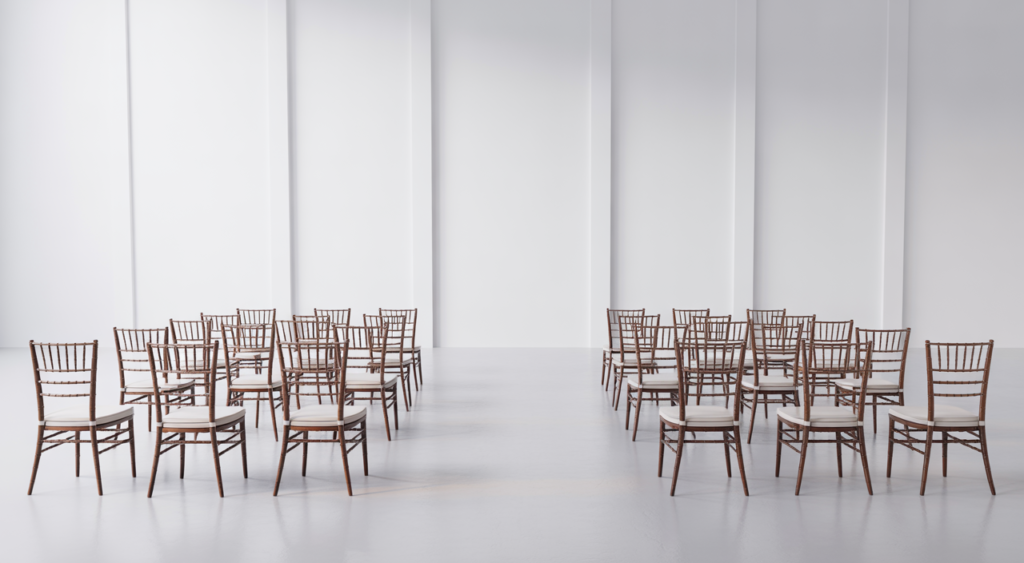 High-quality photograph of elegant event furniture rental setup in Washington DC with chairs and tables on a clean white background