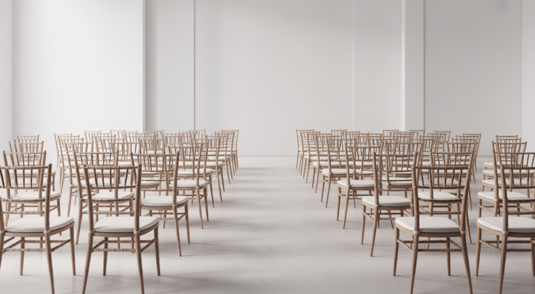 Photorealistic image of an elegant event setup with chairs and tables in a modern venue with clean white background