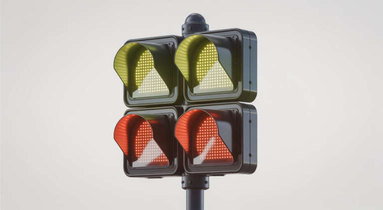 Photorealistic image of JSF dual-sided RRFB pedestrian crosswalk sign with flashing LED lights on a clean white background