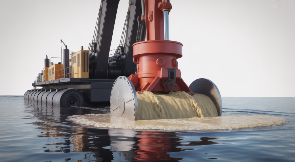A photorealistic image of a hydraulic dredge machine in action on the water with slurry pumping, highlighting the equipment's key components