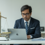 Indian business owner using laptop for legal metrology online services with documents and digital scale in bright modern office