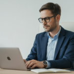Small business owner working on laptop representing cybersecurity services for small businesses