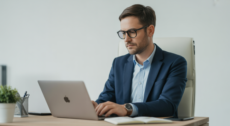 Small business owner working on laptop representing cybersecurity services for small businesses