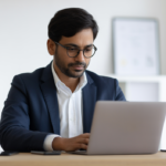 Photorealistic image of an Indian SaaS founder working on a laptop in a modern office environment with a clean white background